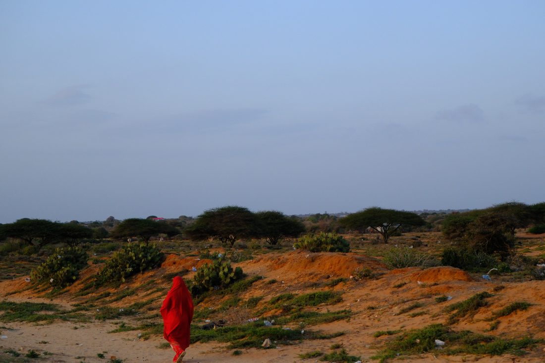A woman in a red dirac walks across open scrubland of red earth, low green shrubs and scattered acacia trees
