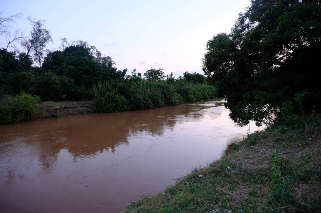 A river carrying heavy brown silt runs between dense green banks in the last light of the day