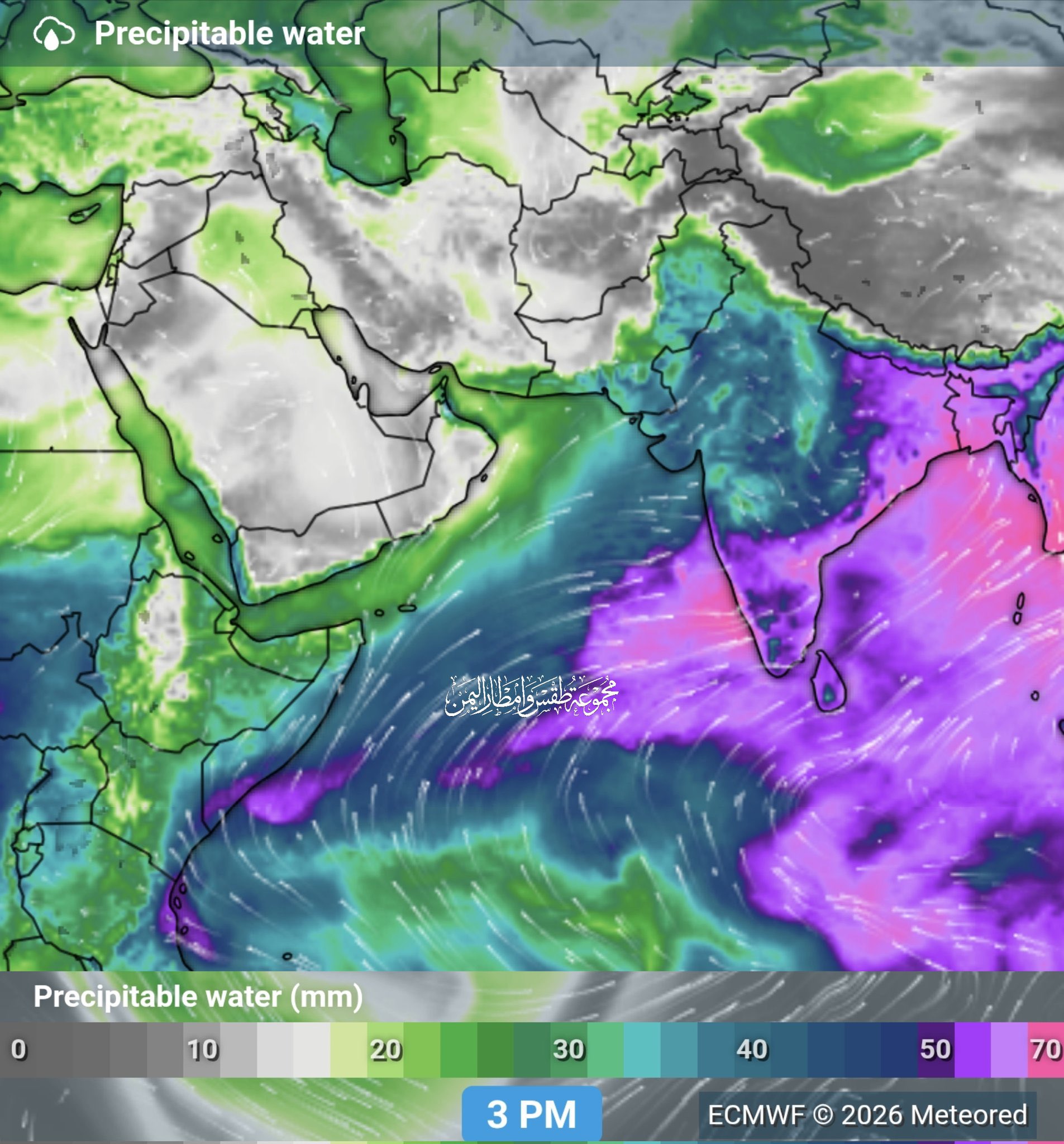 Satellite composite map of precipitable water over the Horn of Africa and Indian Ocean, July 2026